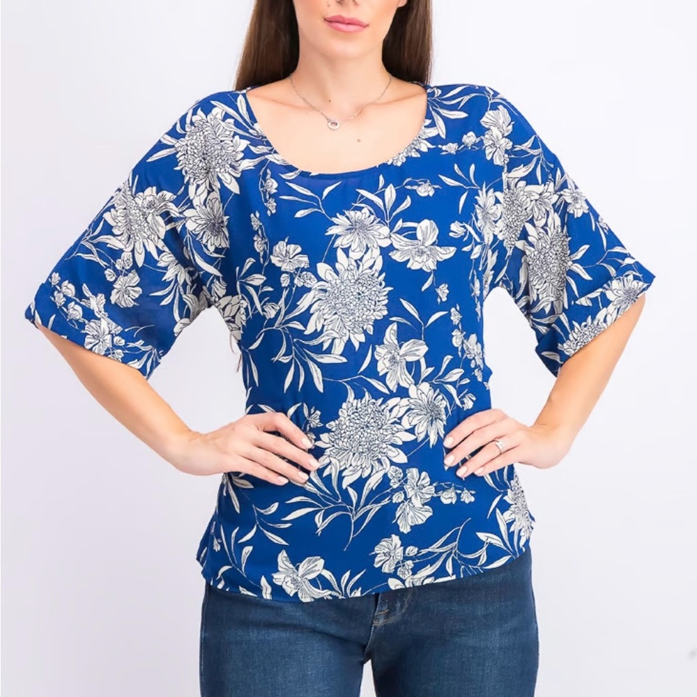 West Kei Women Julianne Tie Front Cuffed Sleeve Blouse, Blue and White - Small